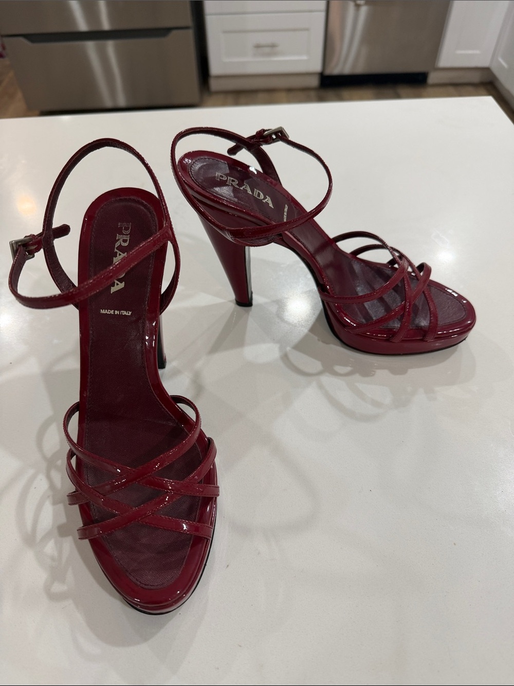 Prada Red Patent Leather Strappy High Heel Sandals